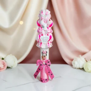 MINELLE — Lumânare botez fetiță PREMIUM personalizată, Minnie Baby, roz și alb — detaliu 2