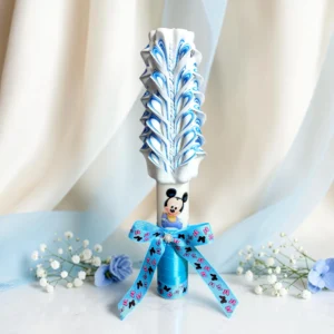 MICKEY BLUE — Lumânare botez băiețel PREMIUM cu îngeraș și Mickey Baby, albastru și alb — detaliu 2