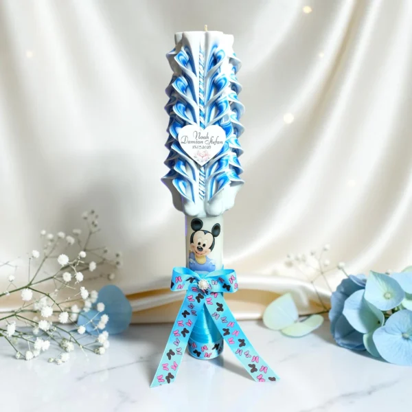 MICKEY BLUE PERSONALIZAT — Lumânare botez băiețel PREMIUM cu Mickey Baby, albastru și alb — detaliu 2