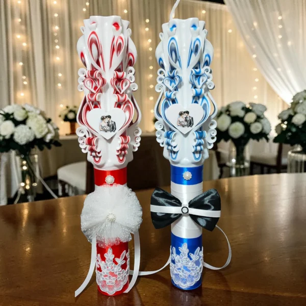 DUALIS — Set 2 lumanari nunta personalizate — Roșu & Albastru — detaliu 2