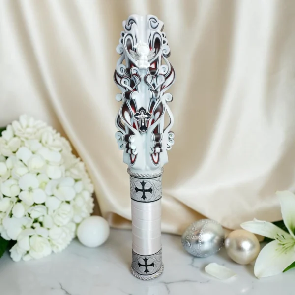 Lumânare ceremonială sculptată SACRIEL, alb, argintiu și negru, cu îngeraș și cruce, 40 cm