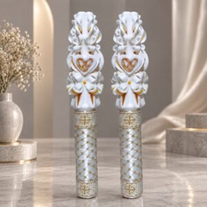 AURORIA – Set 2 lumânări nuntă sculptate personalizate PREMIUM, alb și auriu