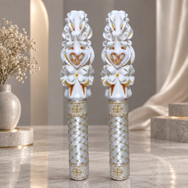 AURORIA – Set 2 lumânări nuntă sculptate personalizate PREMIUM, alb și auriu
