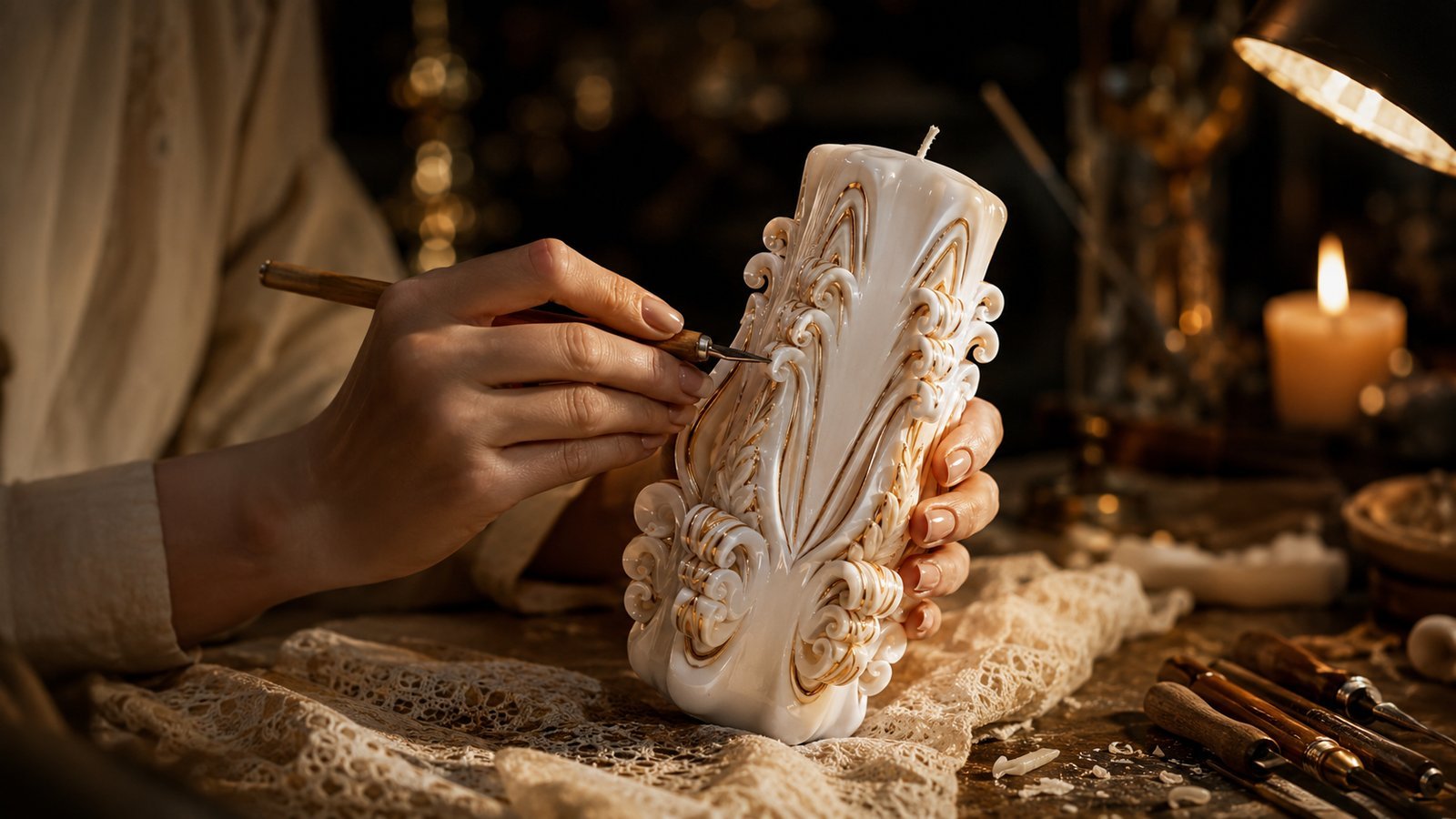 Mâinile artistei sculptând o lumânare din ceară albă în atelier, la lumina flăcării