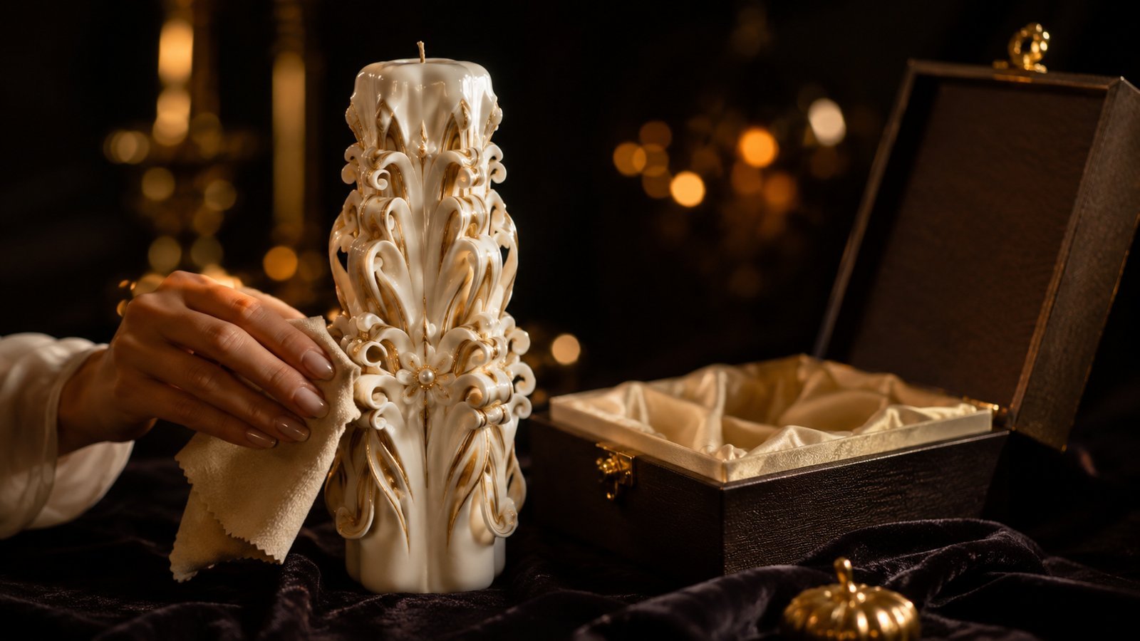 Lumânare sculptată ștearsă delicat cu lavetă chamois, lângă cutia de păstrare