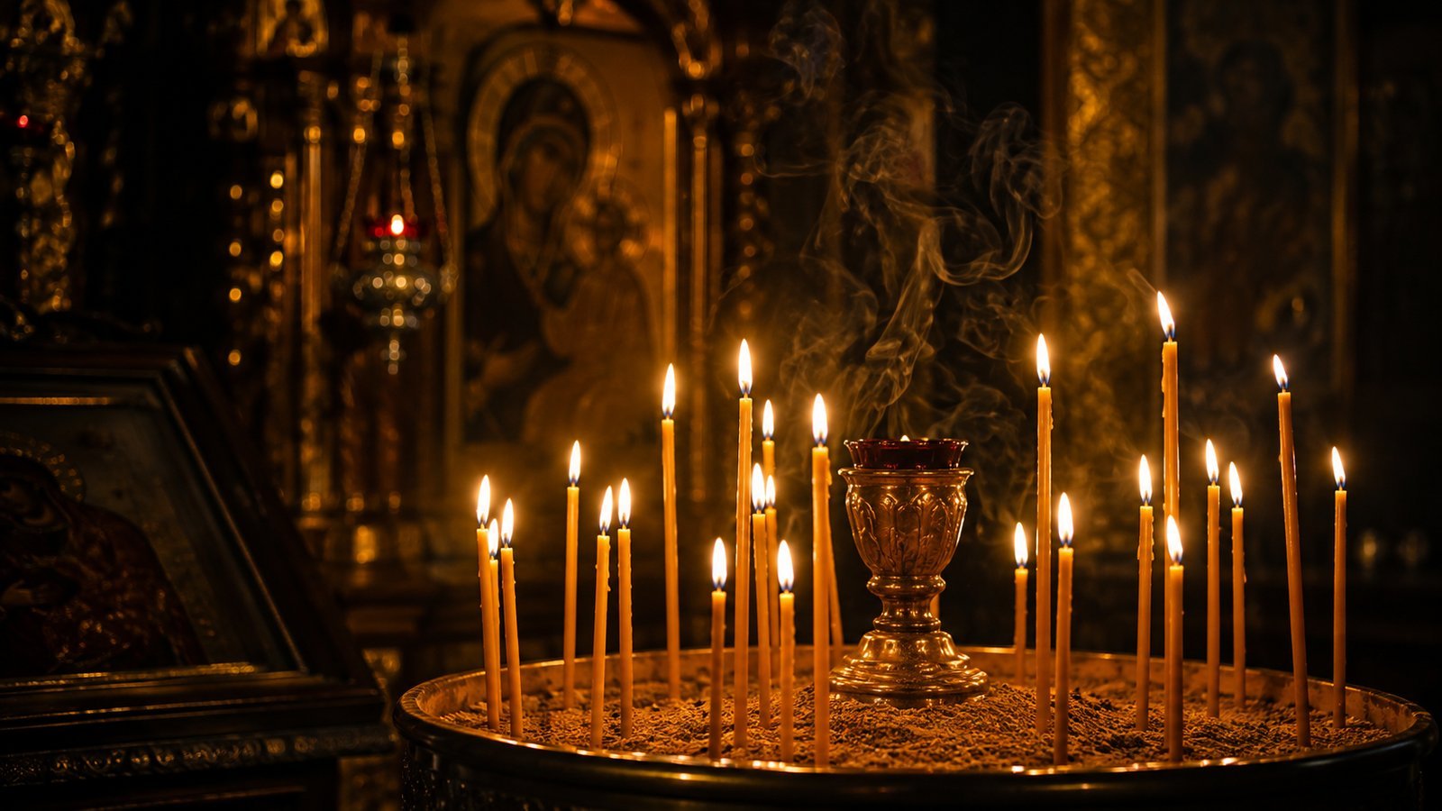 Șiruri de lumânări subțiri aprinse în sfeșnic, într-o biserică ortodoxă