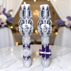 Set 2 lumânări nuntă sculptate personalizate MAJESTIC, mov și alb, 40 cm