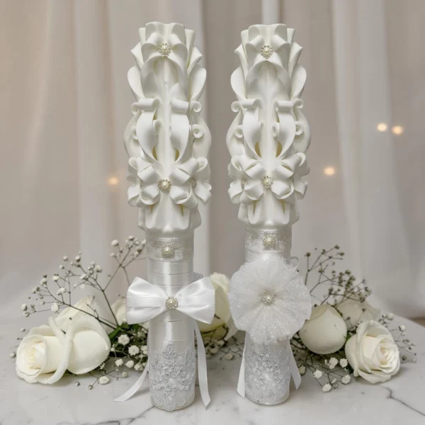 LUXURY — Set 2 lumanari nunta sculptate — Alb pur si argintiu — detaliu 3
