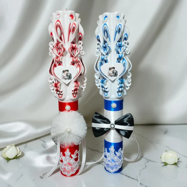 DUALIS — Set 2 lumanari nunta personalizate — Roșu & Albastru — detaliu 3