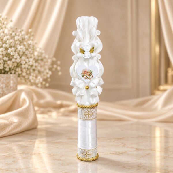 SERAPHINE – Lumânare ceremonială sculptată alb și auriu, personalizată