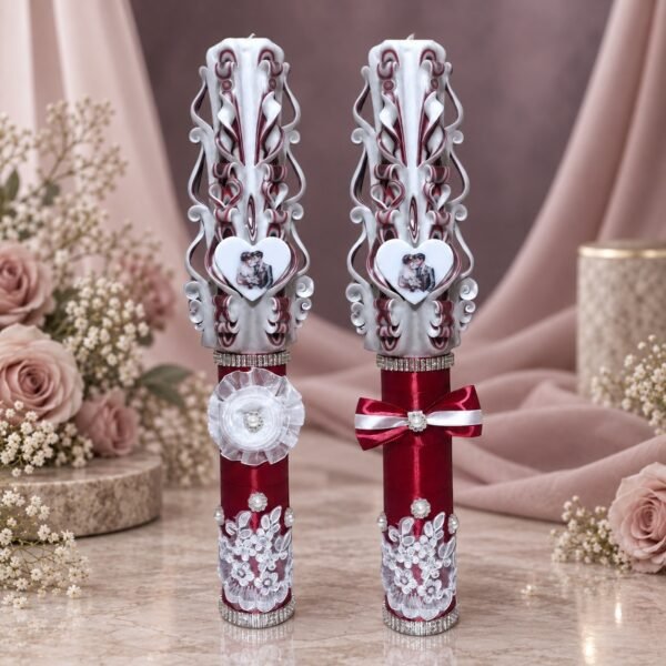 VELARIS – Set 2 lumânări nuntă personalizate PREMIUM – Vișiniu, Alb și Argintiu