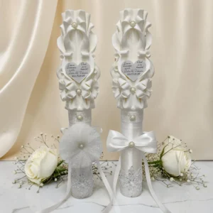 LUXURY – Set 2 lumânări nuntă sculptate personalizate PREMIUM – Alb pur și argintiu