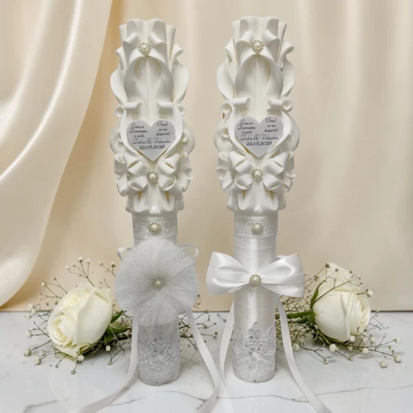 LUXURY – Set 2 lumânări nuntă sculptate personalizate PREMIUM – Alb pur și argintiu