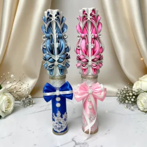 Set 2 lumânări nuntă sculptate manual MONTCLAIR, alb, albastru royal, roz și argintiu, 40 cm, personalizabile