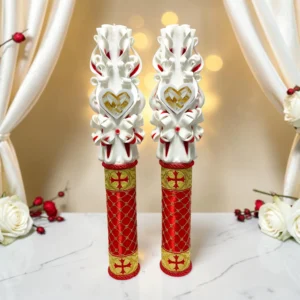 Set 2 lumânări de nuntă sculptate REGALIA PREMIUM, alb, roșu și auriu, cu inimă și verighete aurii