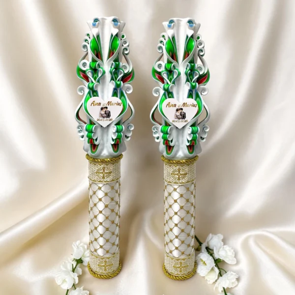 VIRENZA – Set 2 lumânări de nuntă personalizate PREMIUM, alb cu verde neon și accente roșii