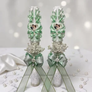 VERDELLE – Set 2 lumânări nuntă personalizate PREMIUM – verde salvie și argintiu