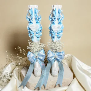 CELESTIA ROYALE – Set 2 lumânări sculptate PREMIUM de nuntă, alb și bleu perlat