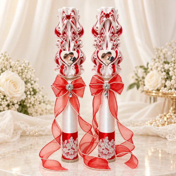 CORALIA – Set 2 lumânări nuntă sculptate PREMIUM, alb și roșu coral CORALIA – Set 2 lumânări nuntă sculptate PREMIUM, alb și roșu coral