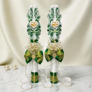 VENDOME - Set 2 lumânări nuntă personalizate PREMIUM – alb, verde smarald și auriu