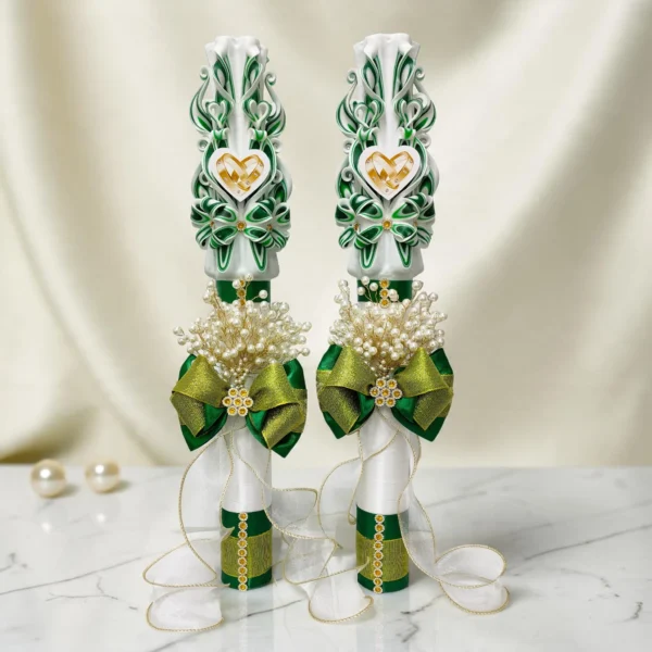 VENDOME - Set 2 lumânări nuntă personalizate PREMIUM – alb, verde smarald și auriu